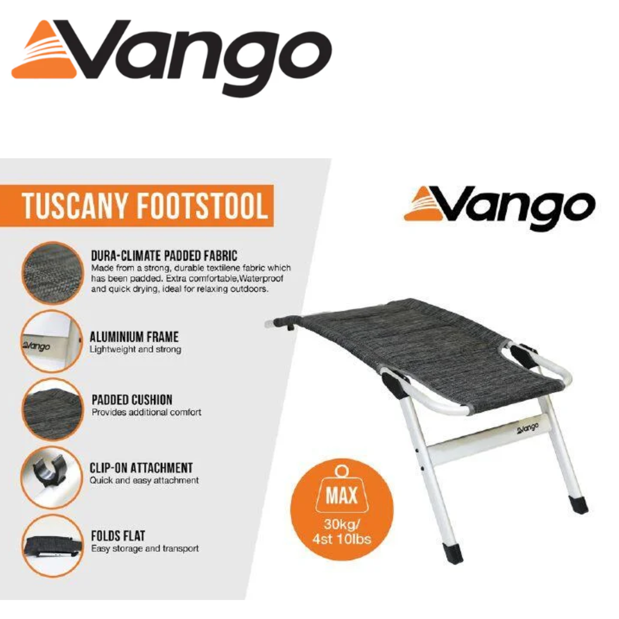 Vango Tuscany footstool with plush fabric and wooden legs, designed for comfortable seating and stylish home decor.