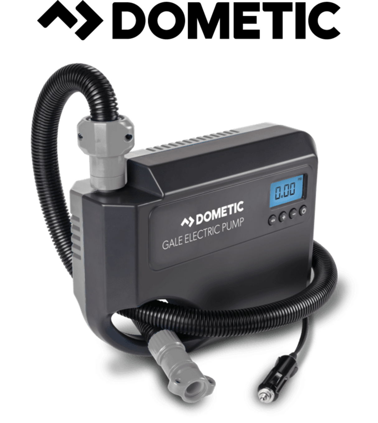 Dometic Gale 12V electric pump with a compact design, showcasing its motor and connections against a neutral background.