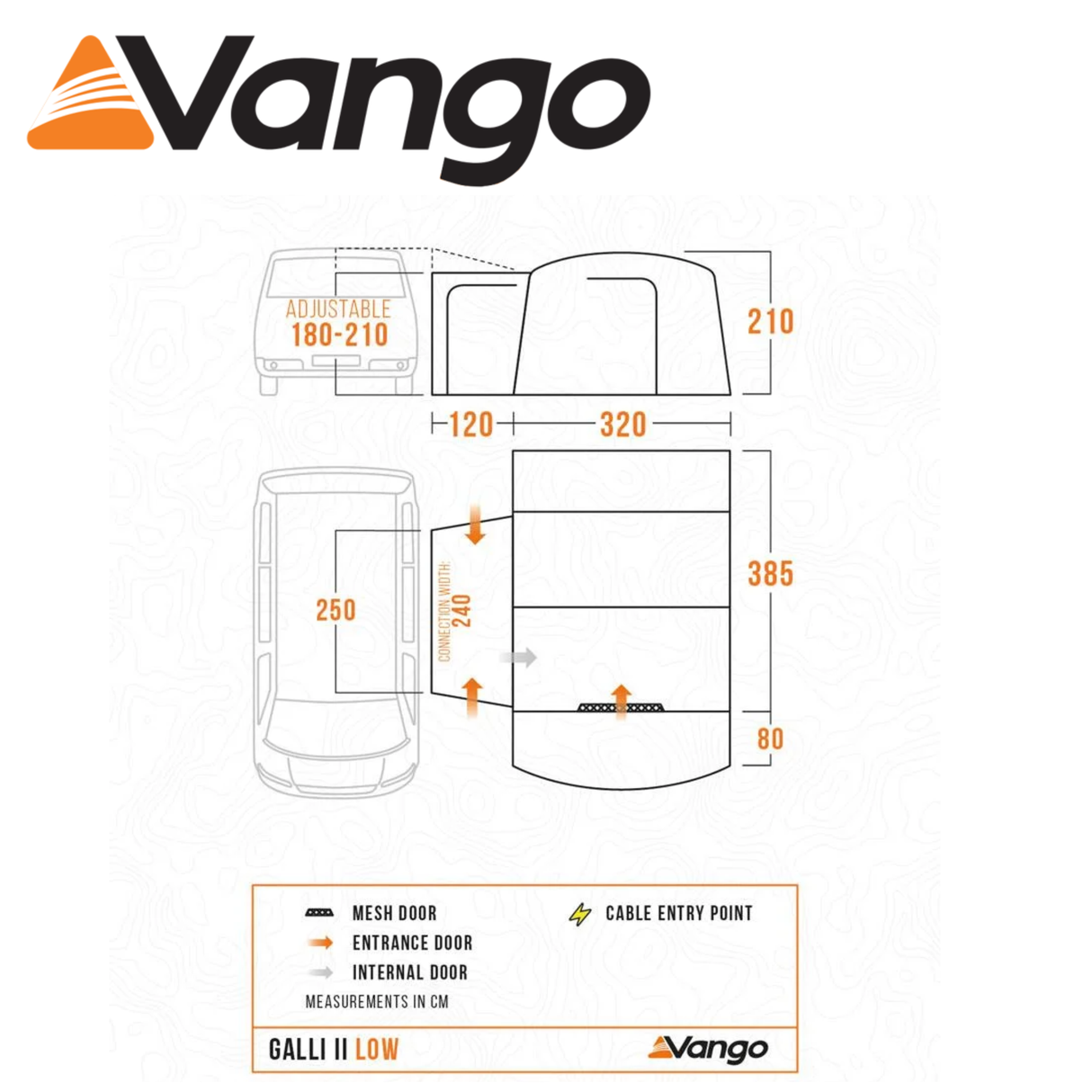 Vango Galli Low II poled driveaway awning set up beside a campervan, showcasing its spacious design and durable fabric.