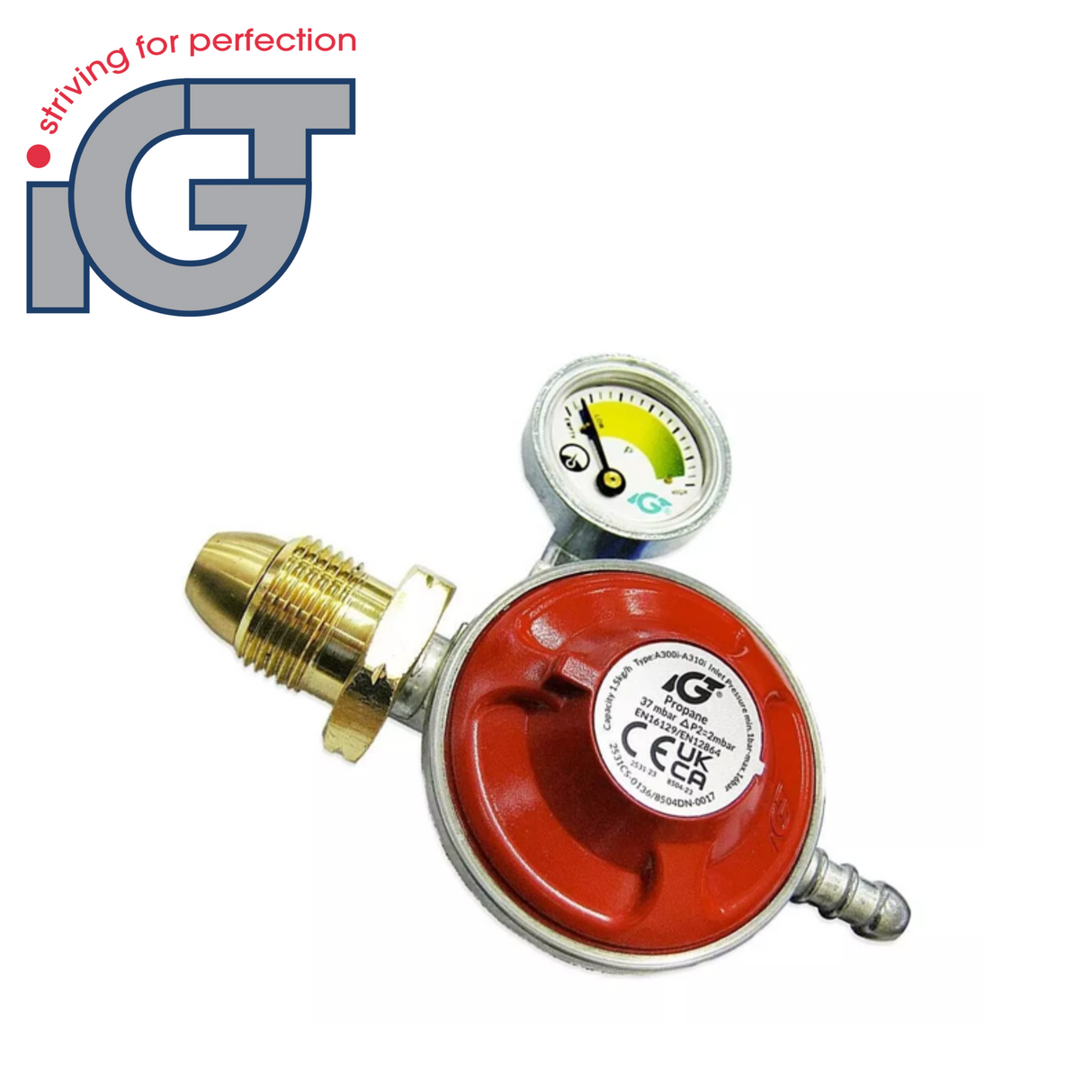 IGT propane regulator with gauge, featuring a clear pressure gauge and sturdy connection fittings for gas control.