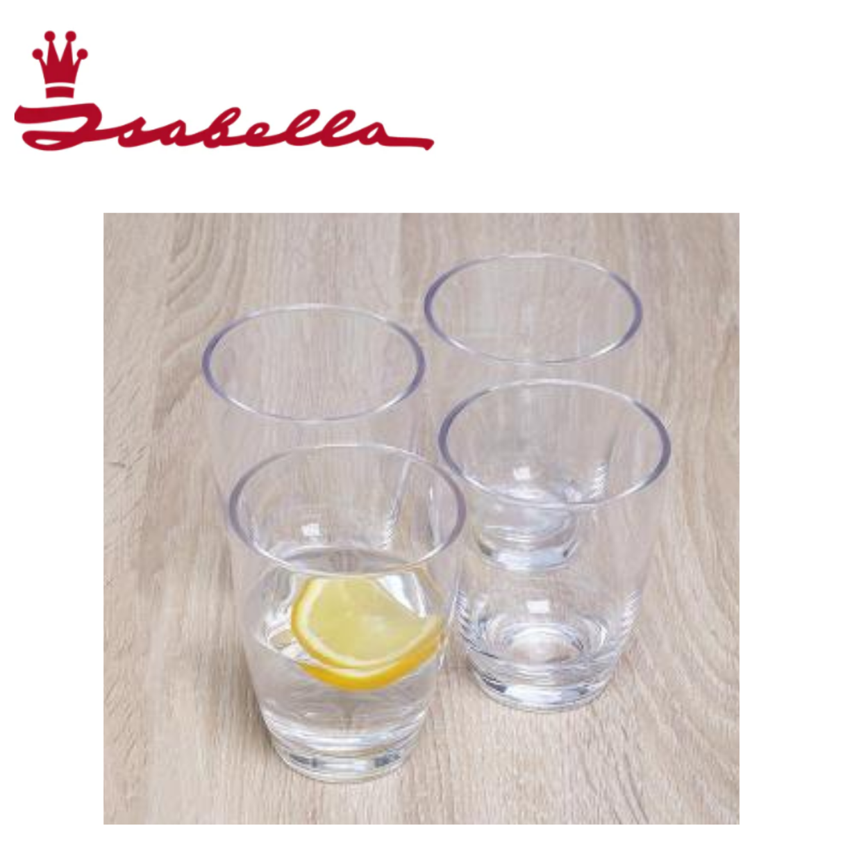 Set of four Isabella drinking glasses with clear glass design, perfect for beverages and everyday use.