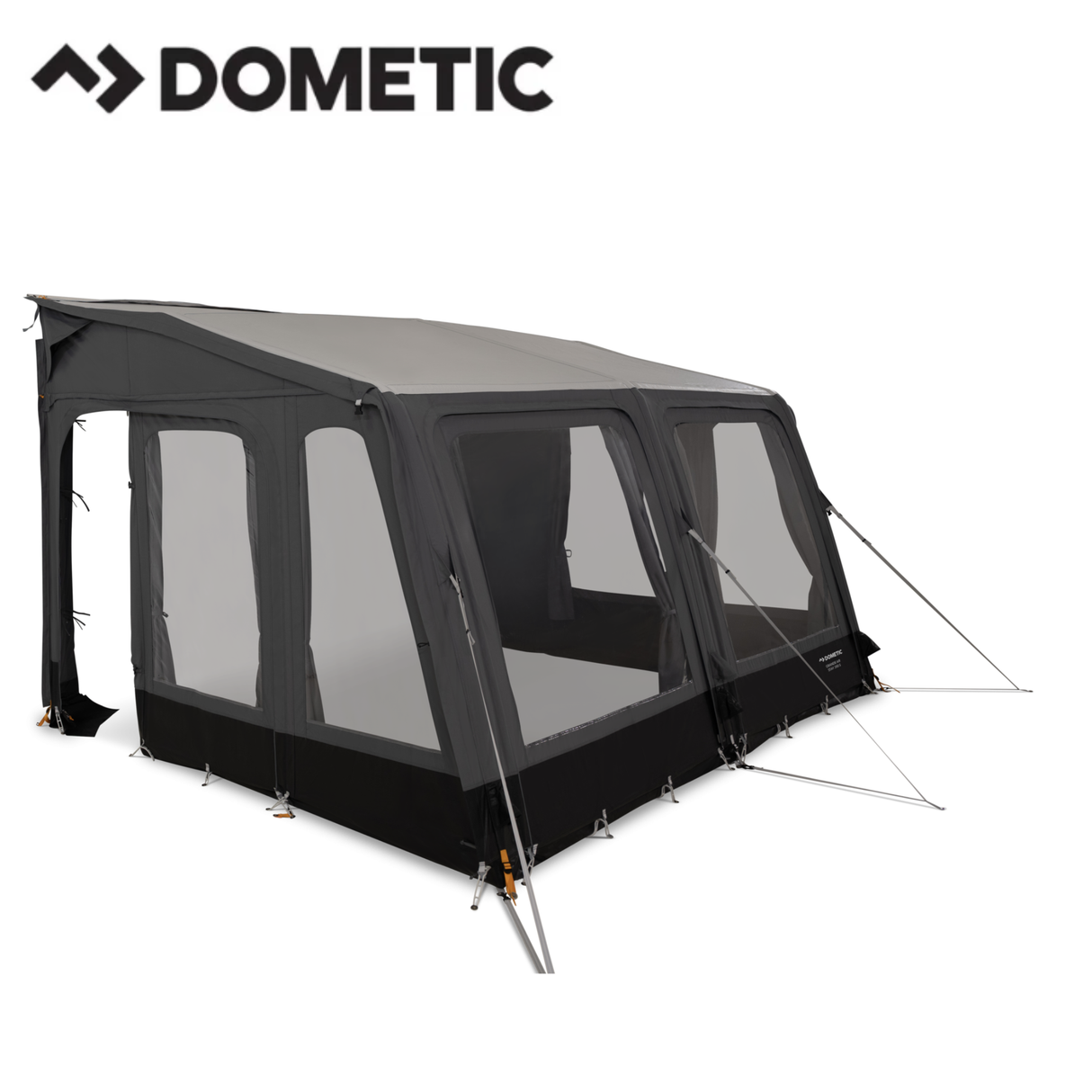 Dometic Grande AIR Stay 390 S porch awning set up on a camper, showcasing its large fabric canopy and sturdy support arms.
