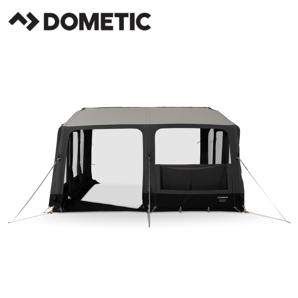 Dometic Grande AIR Stay 390 S porch awning with fabric and air tube structure, providing shade and shelter for outdoor camping.