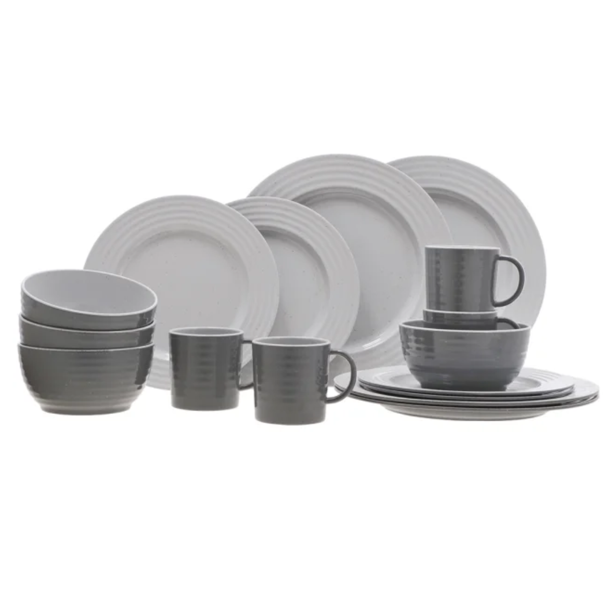 Grey Travellife Rota 16-piece tableware set featuring plates and bowls for versatile dining.