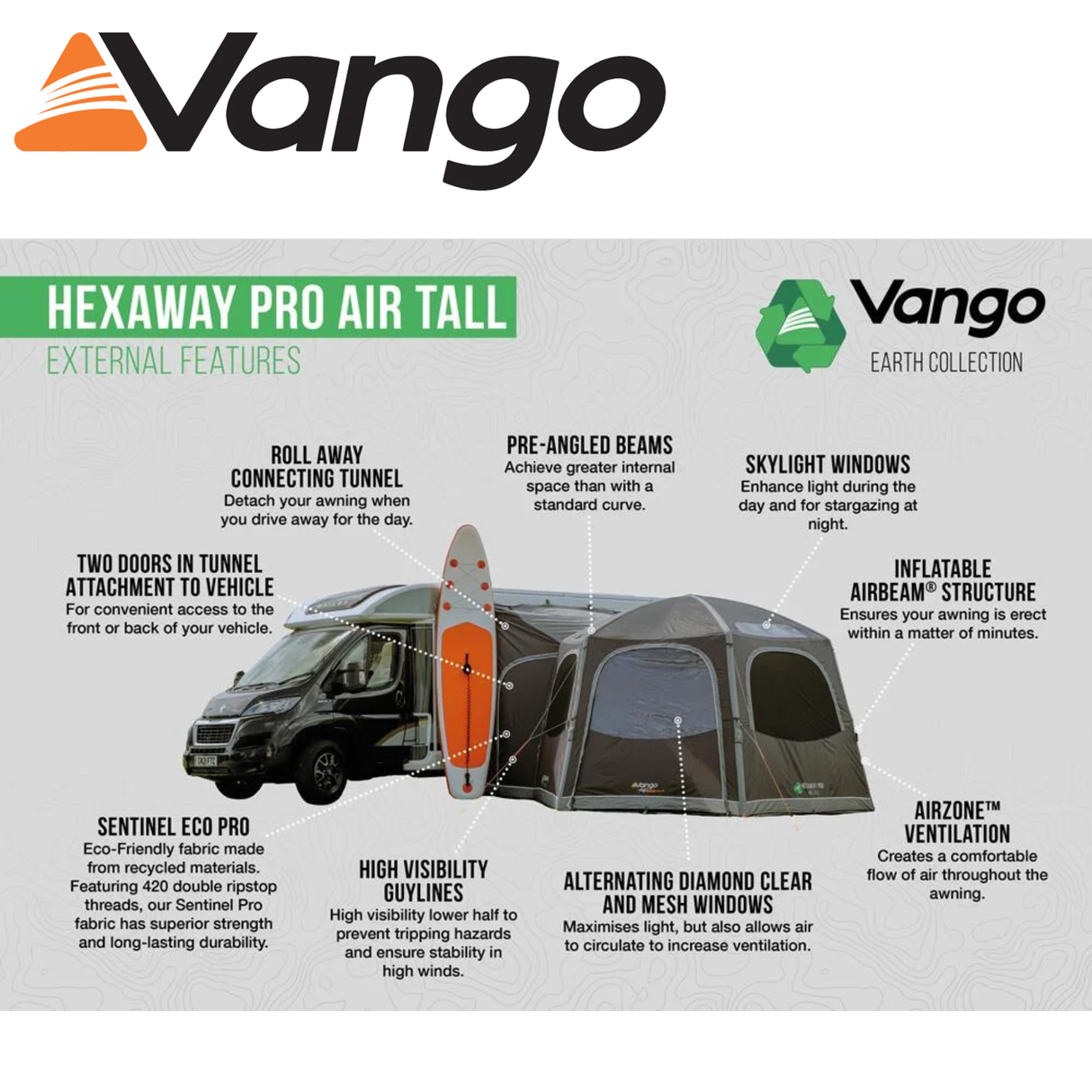 Vango Hexaway Pro Air Tall Driveaway Awning set up next to a camper van in a scenic outdoor setting.