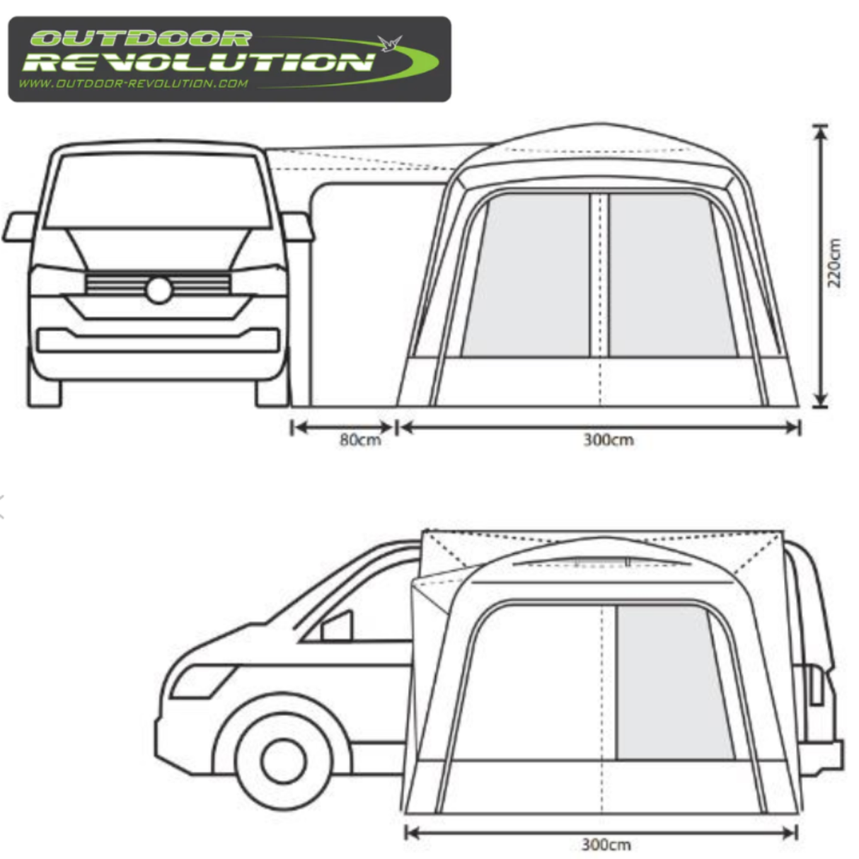 Outdoor Revolution Cayman Air high driveaway awning set up outdoors, showcasing its spacious design and sturdy construction.