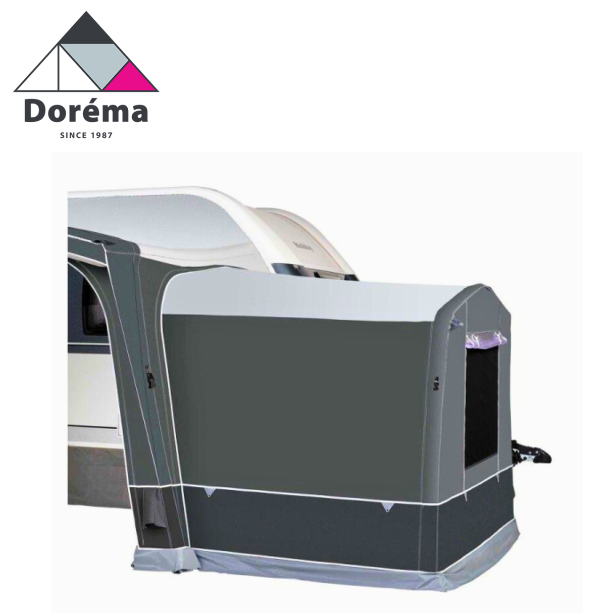 Dorema Horizon Air DeLuxe Annexe shown with attached tent design and spacious interior for outdoor camping use.