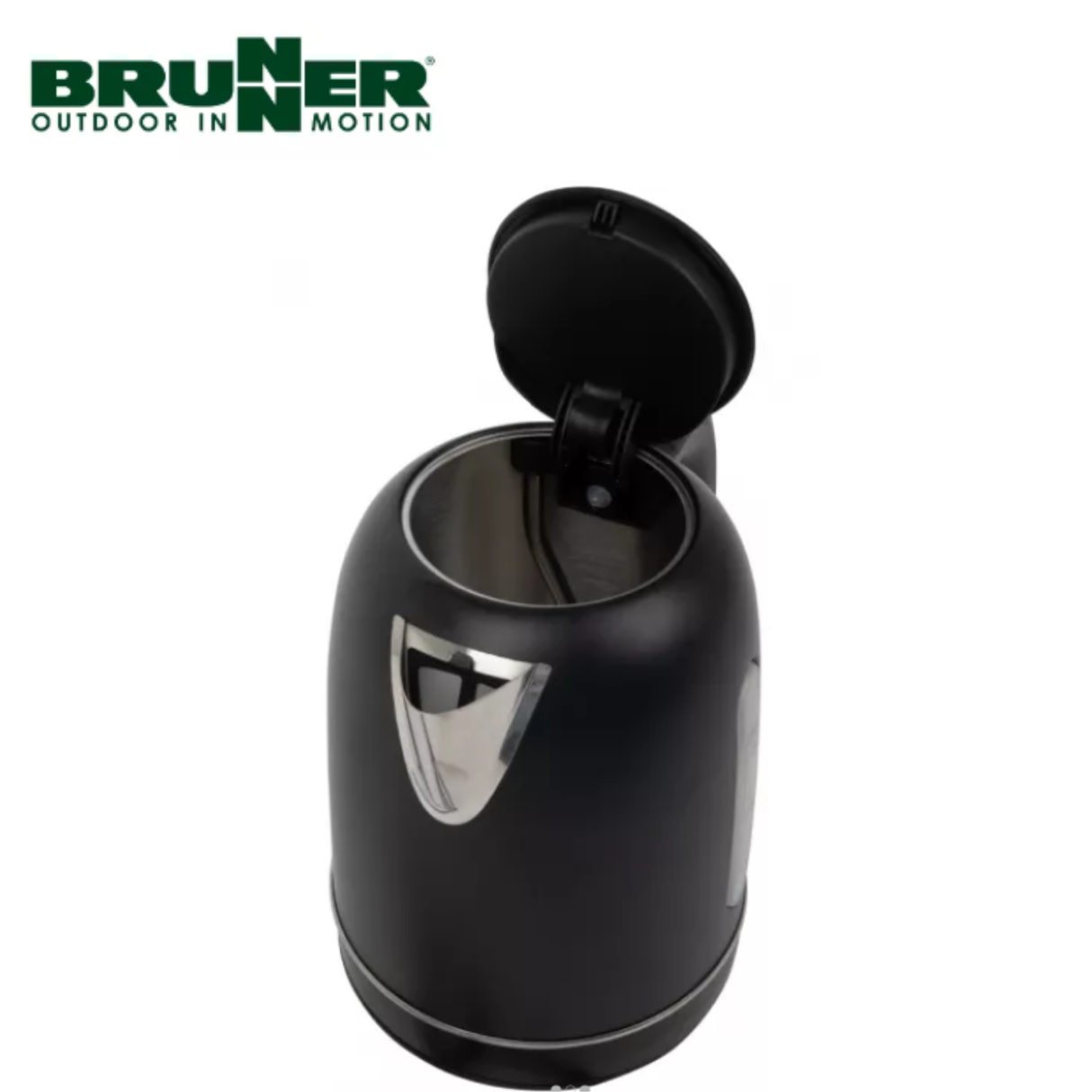 Brunner Minuwatt 1.7l electric kettle with a stainless steel body, ergonomic handle, and spout for easy pouring.