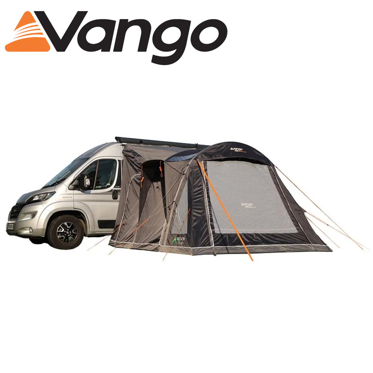 Vango Kela Pro Air Mid Driveaway Awning set up beside a campervan, showcasing spacious design and durable fabric.