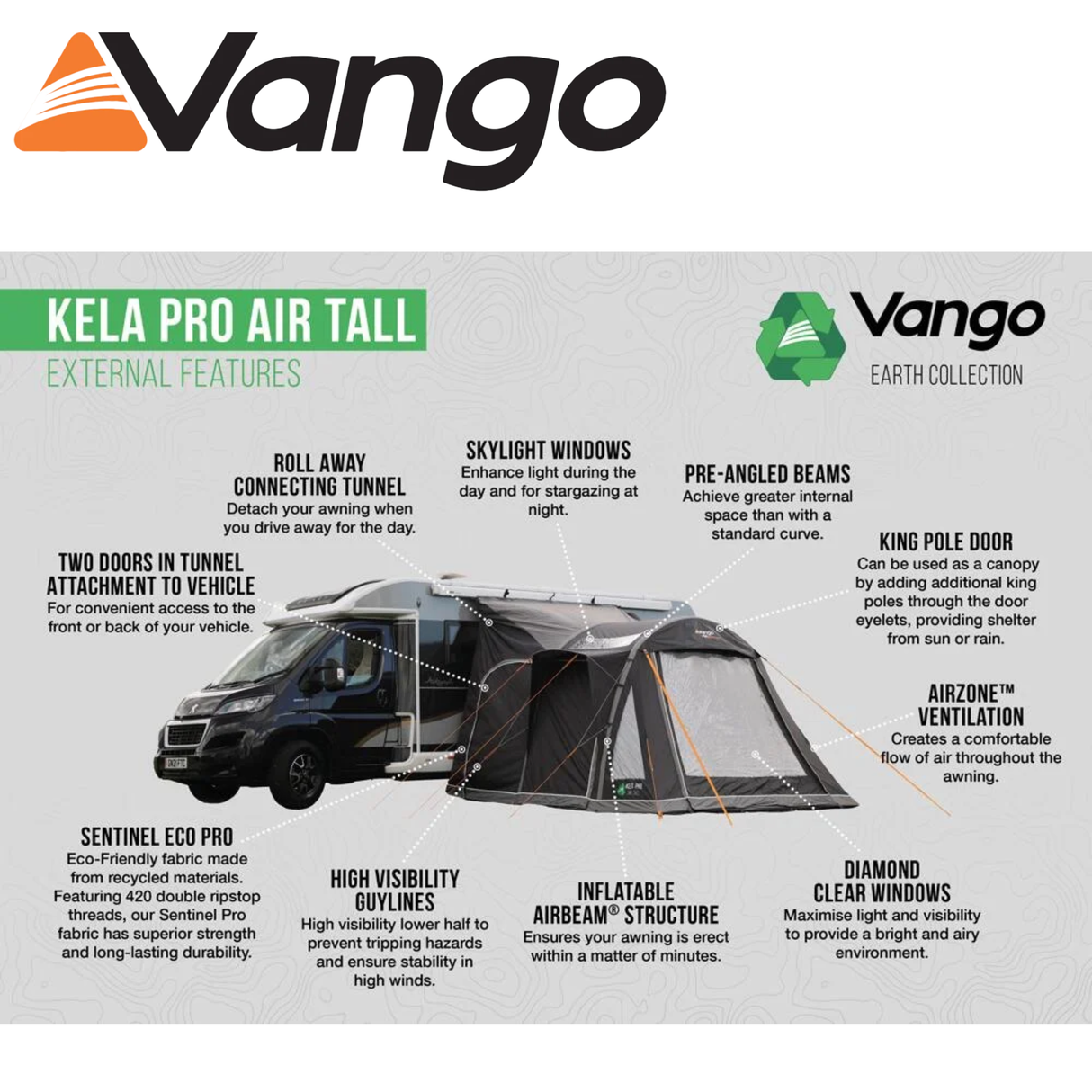 Vango Kela Pro Air Tall Driveaway Awning set up beside a campervan in a scenic outdoor setting.