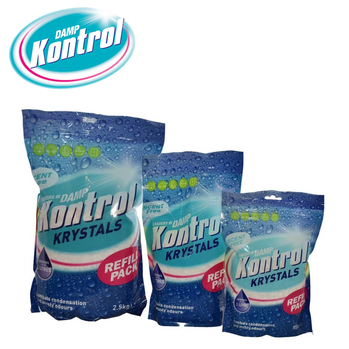 Damp Kontrol Krystals in a clear container, designed to absorb moisture and eliminate dampness without fragrance.