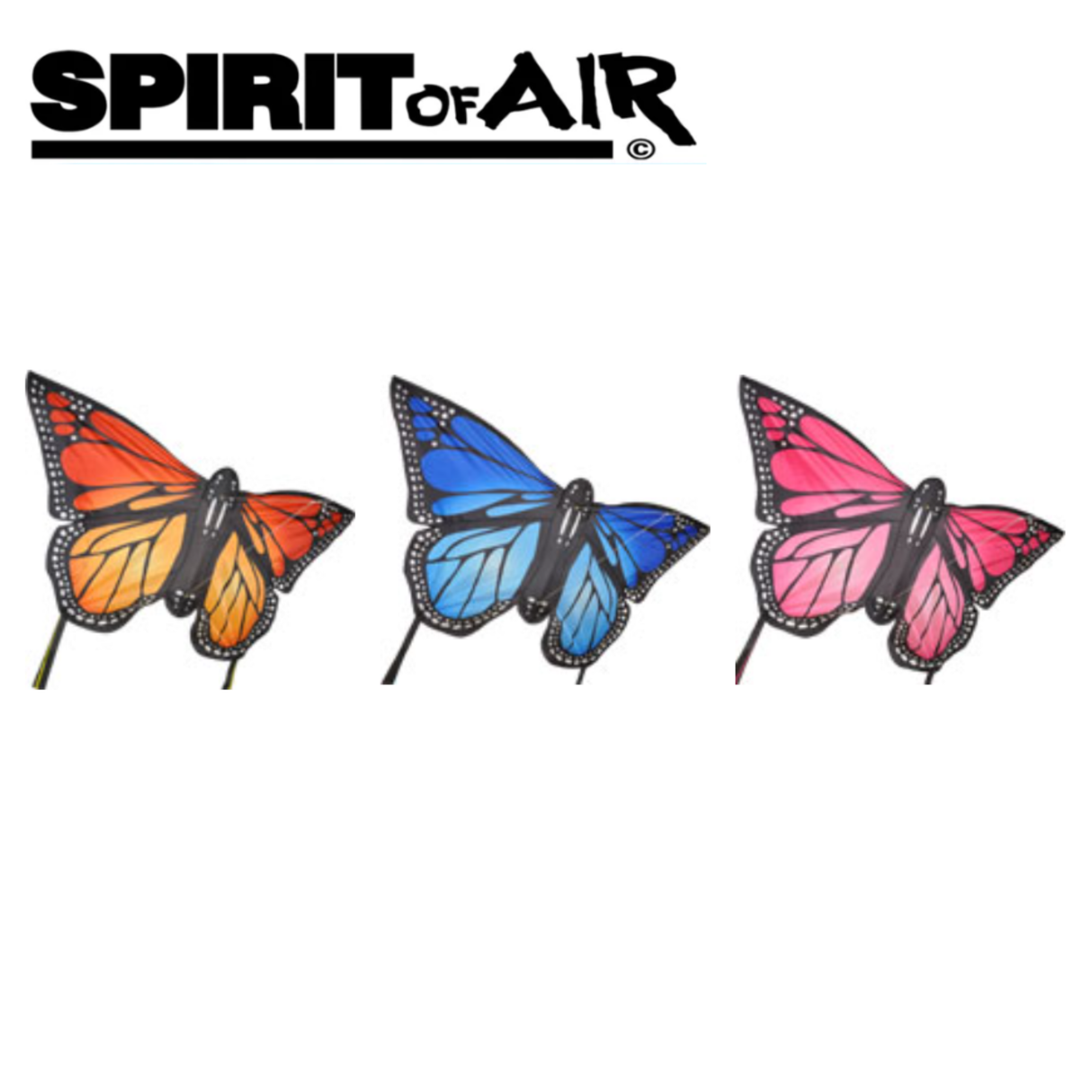 Large Spirit of Air Monarch Butterfly kite with vibrant orange and black wings, soaring in a clear blue sky.
