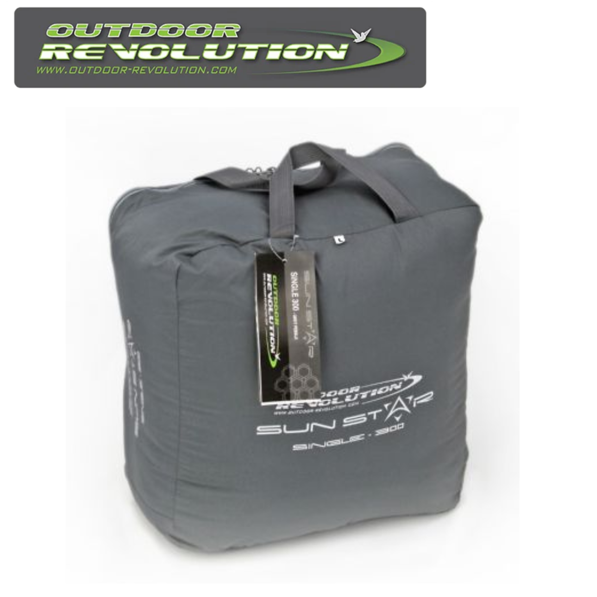 Outdoor Revolution SunStar Single 300 sleeping bag laid out outdoors, showing its lightweight, insulated design for camping comfort.