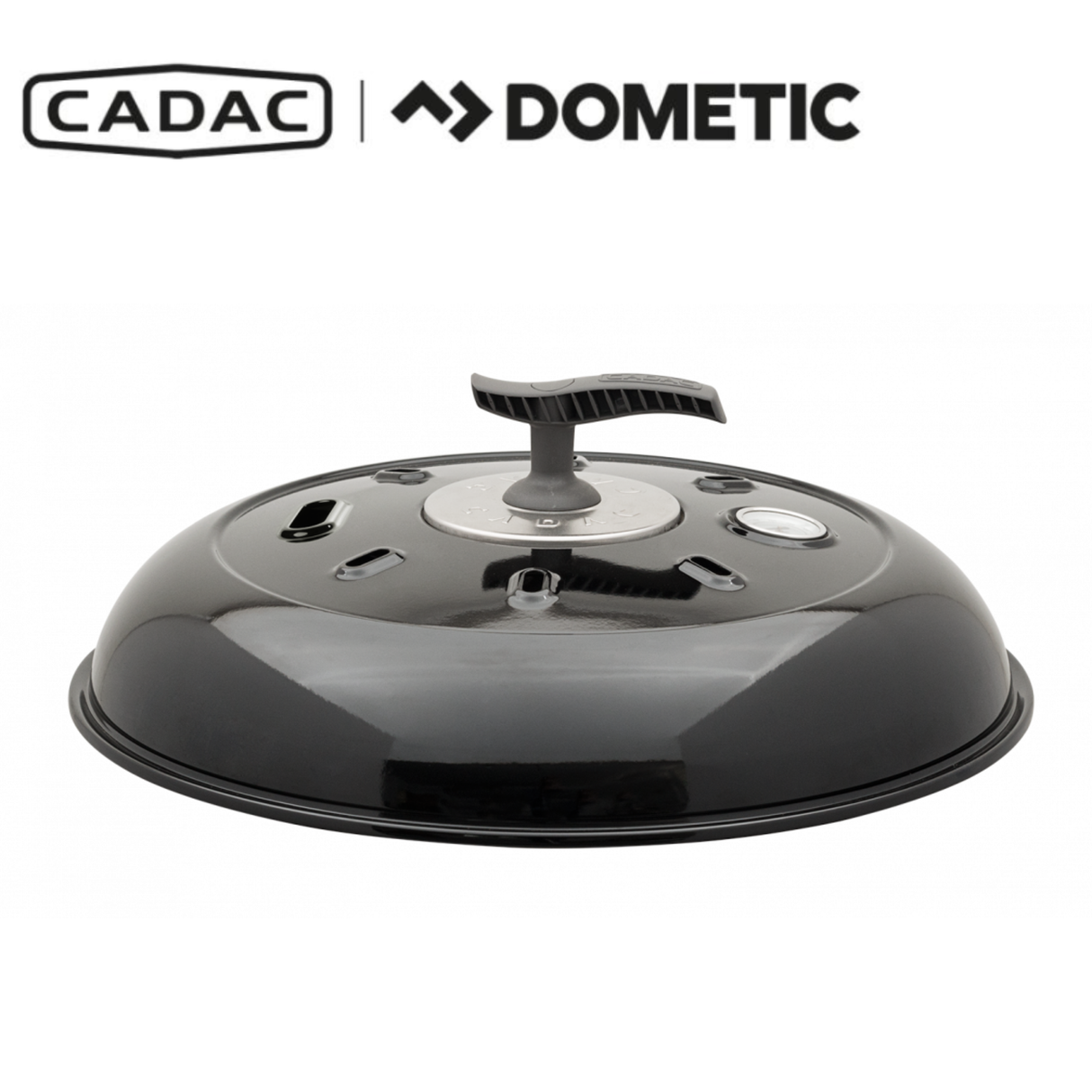 Cadac Dometic BBQ Lid Carri Chef with black lid and handle, designed for portable barbecue cooking setups.