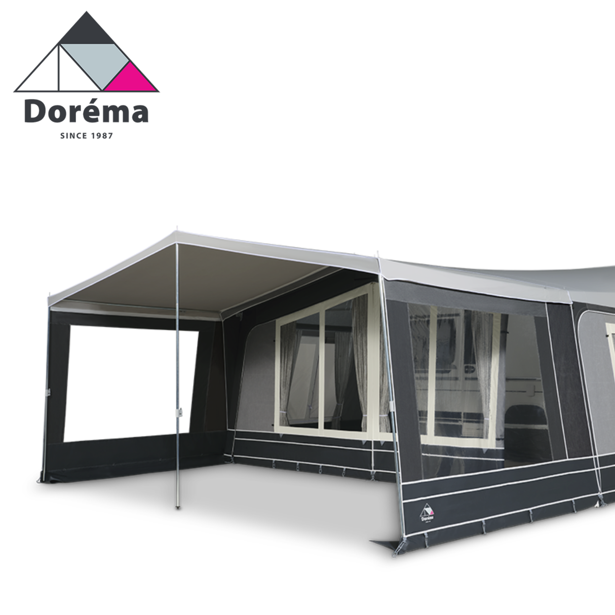 Dorema Locarno Plus awning canopy displayed, showcasing its spacious design and durable fabric in a garden setting.