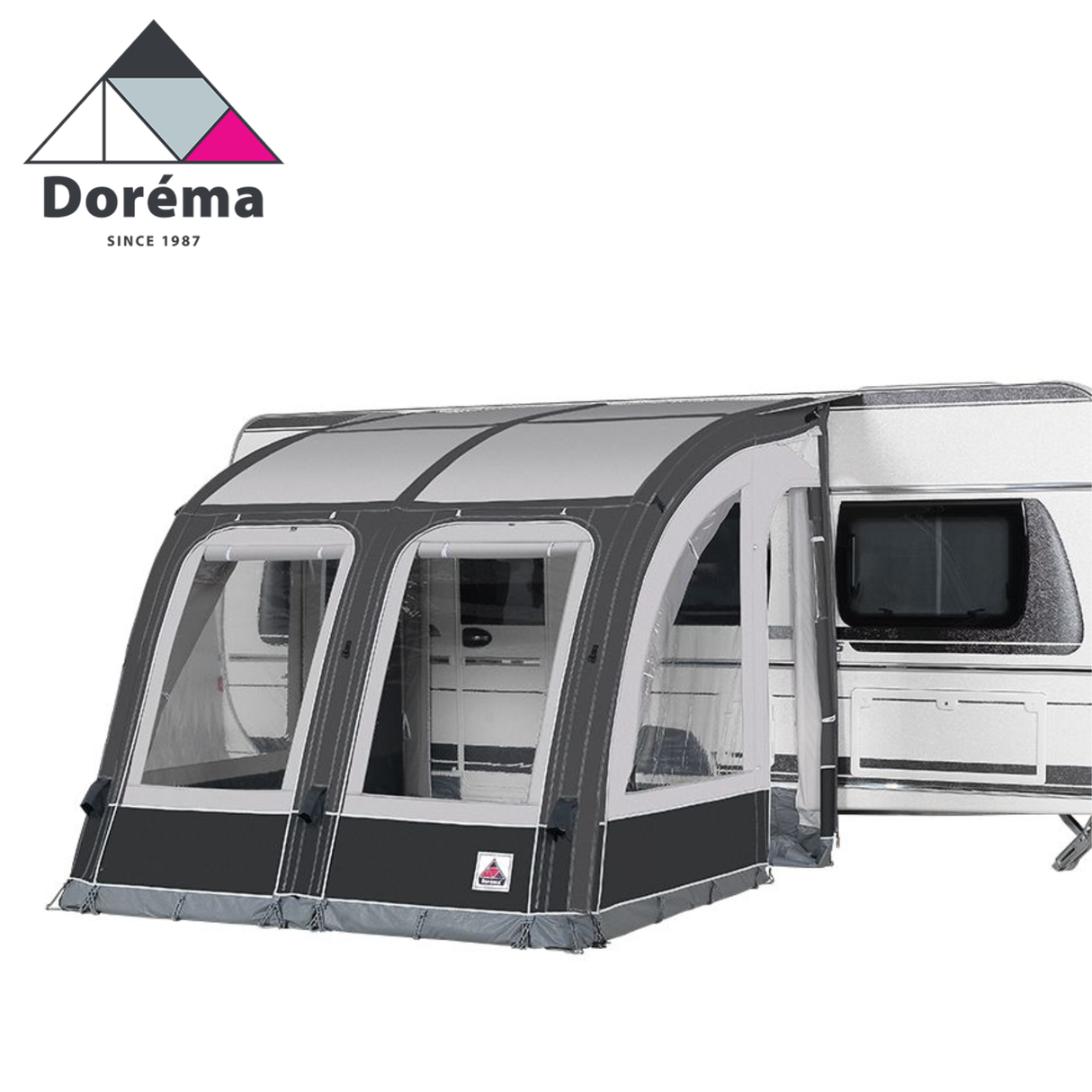 Dorema Magnum AirForce 260 all season air awning set up with a spacious design and sturdy construction in a campsite setting.