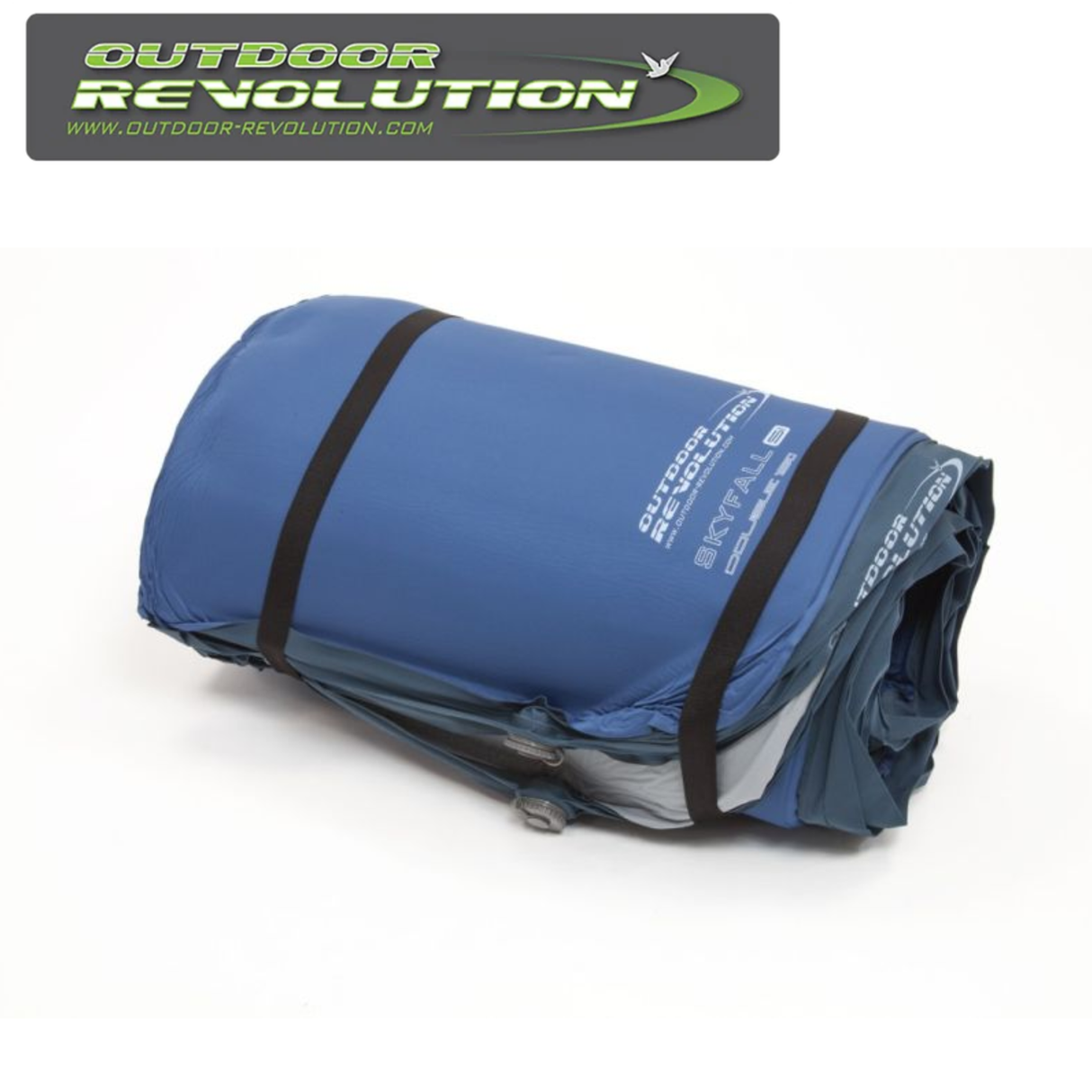 Outdoor Revolution Skyfall Double 150 self-inflating sleeping mat in a folded position on grass, showcasing its compact design.