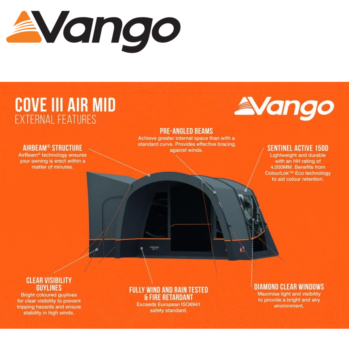 Vango Cove III Air Mid Driveaway Awning set up beside a campervan, featuring spacious interior and durable design.