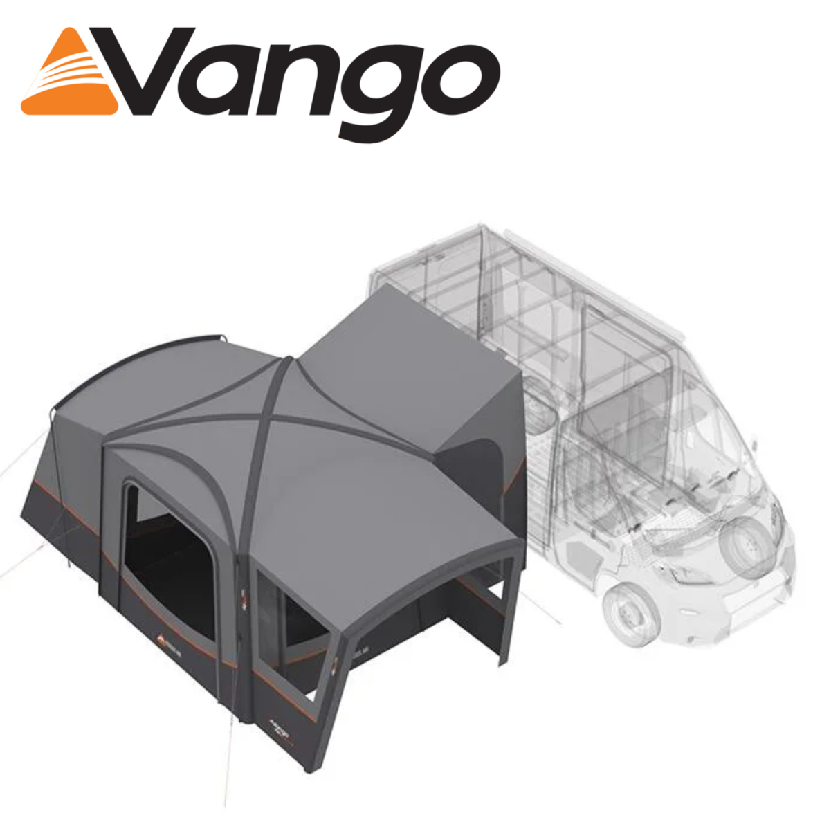 Vango Versos Air Mid Driveaway Awning set up beside a camper van, showcasing its spacious design and air beam structure.