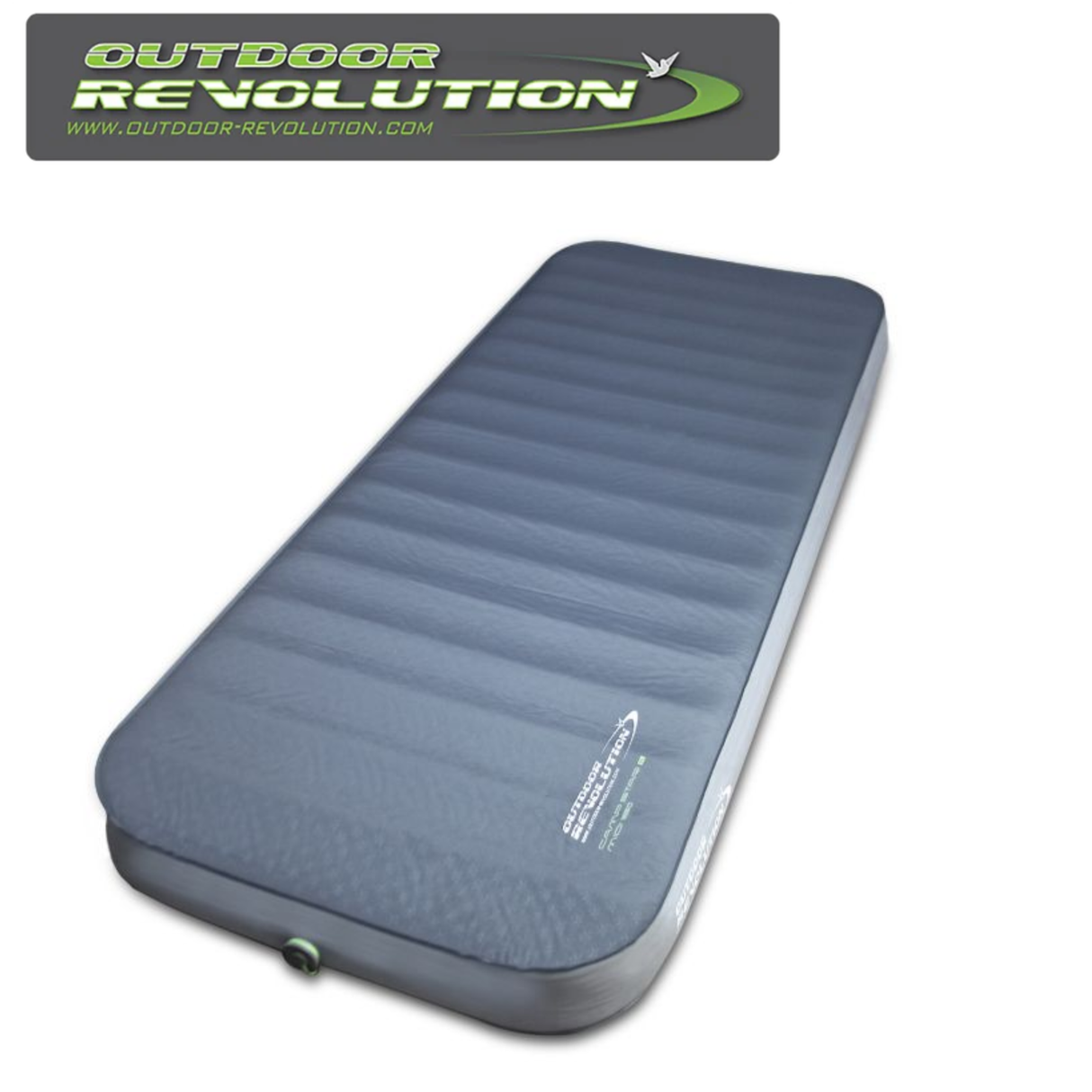 Outdoor Revolution CampStar Midi 150 self-inflating mat, showcasing its thick foam and durable fabric for camping comfort.