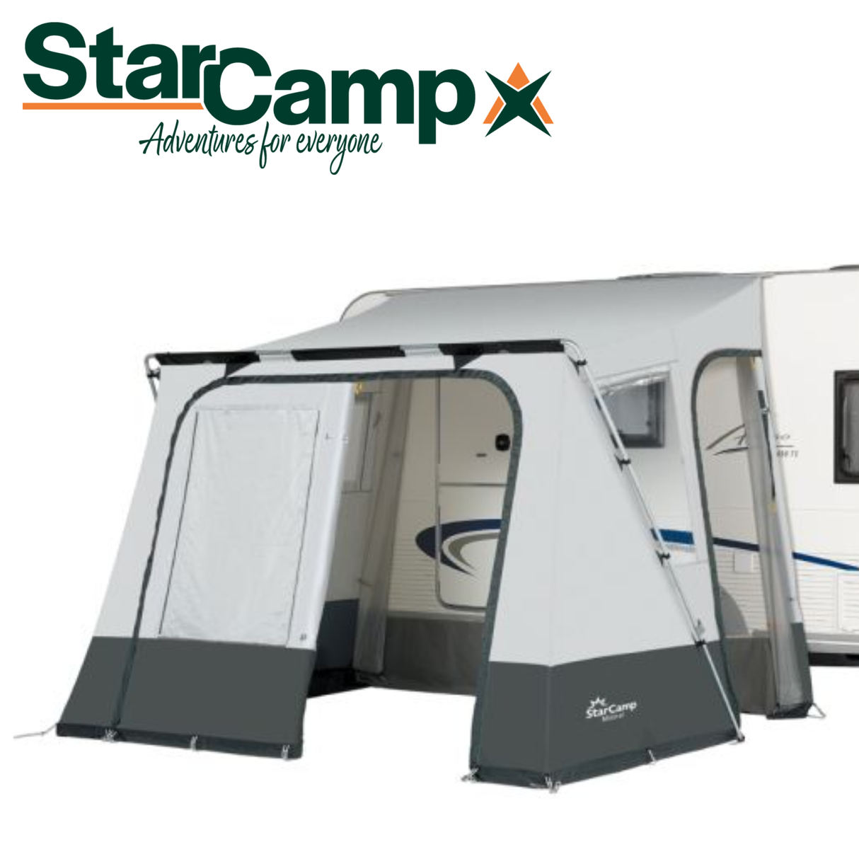 StarCamp Mistral porch awning with a 22mm steel frame set up in a campsite, showcasing its spacious design and sturdy support.
