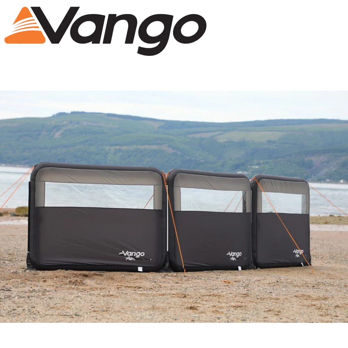 Vango AirBeam Modular Windbreak set up on a campsite, featuring sturdy air beams and a protective design against wind.