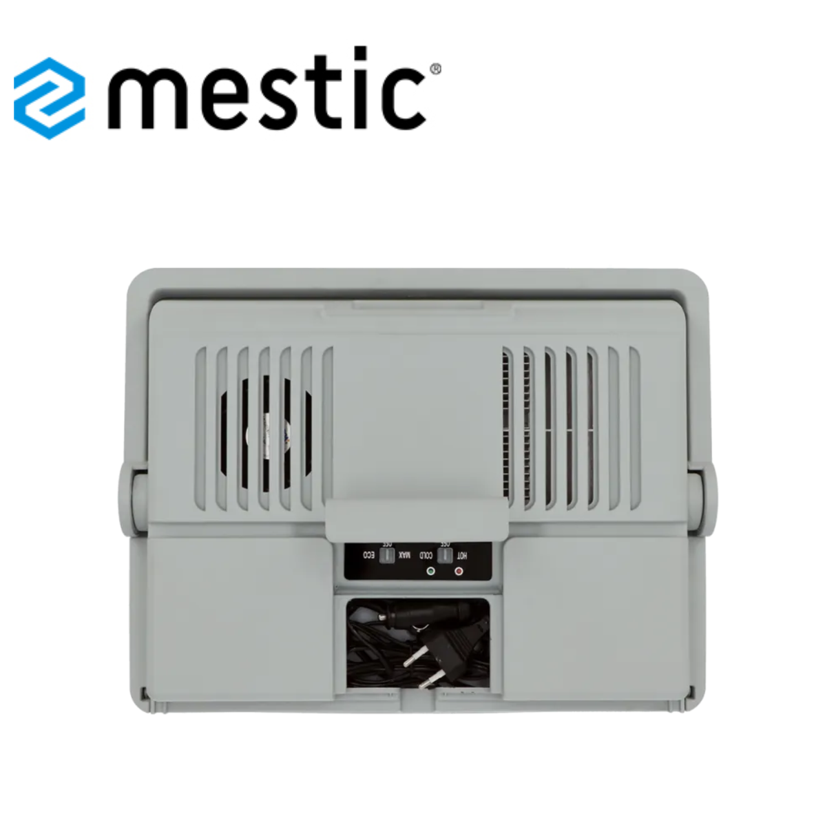 Mestic MTEC-28 thermoelectric coolbox with AC/DC power options, showing the compact, portable design and control panel.