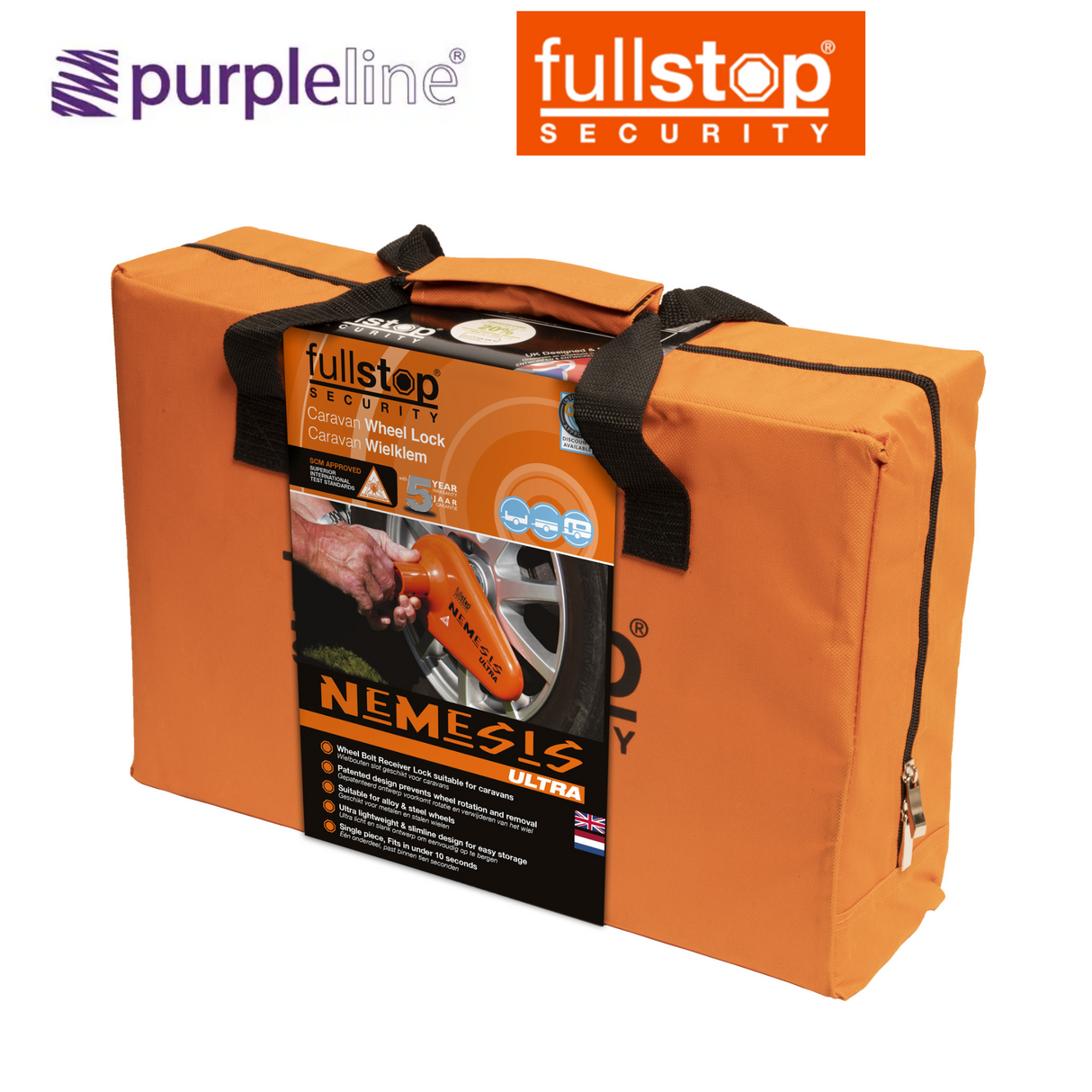 Purpleline Purpline Fullstop Nemesis Ultra Wheel Lock securing a vehicle wheel with a durable, high-security lock.