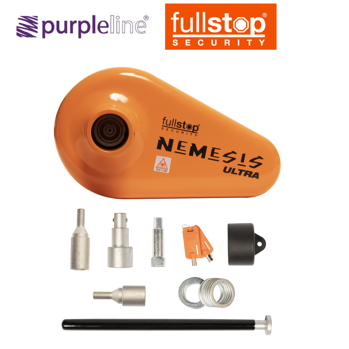 Purpleline Purpline Fullstop Nemesis Ultra Wheel Lock securing a vehicle's wheel with a durable, high-security locking mechanism.