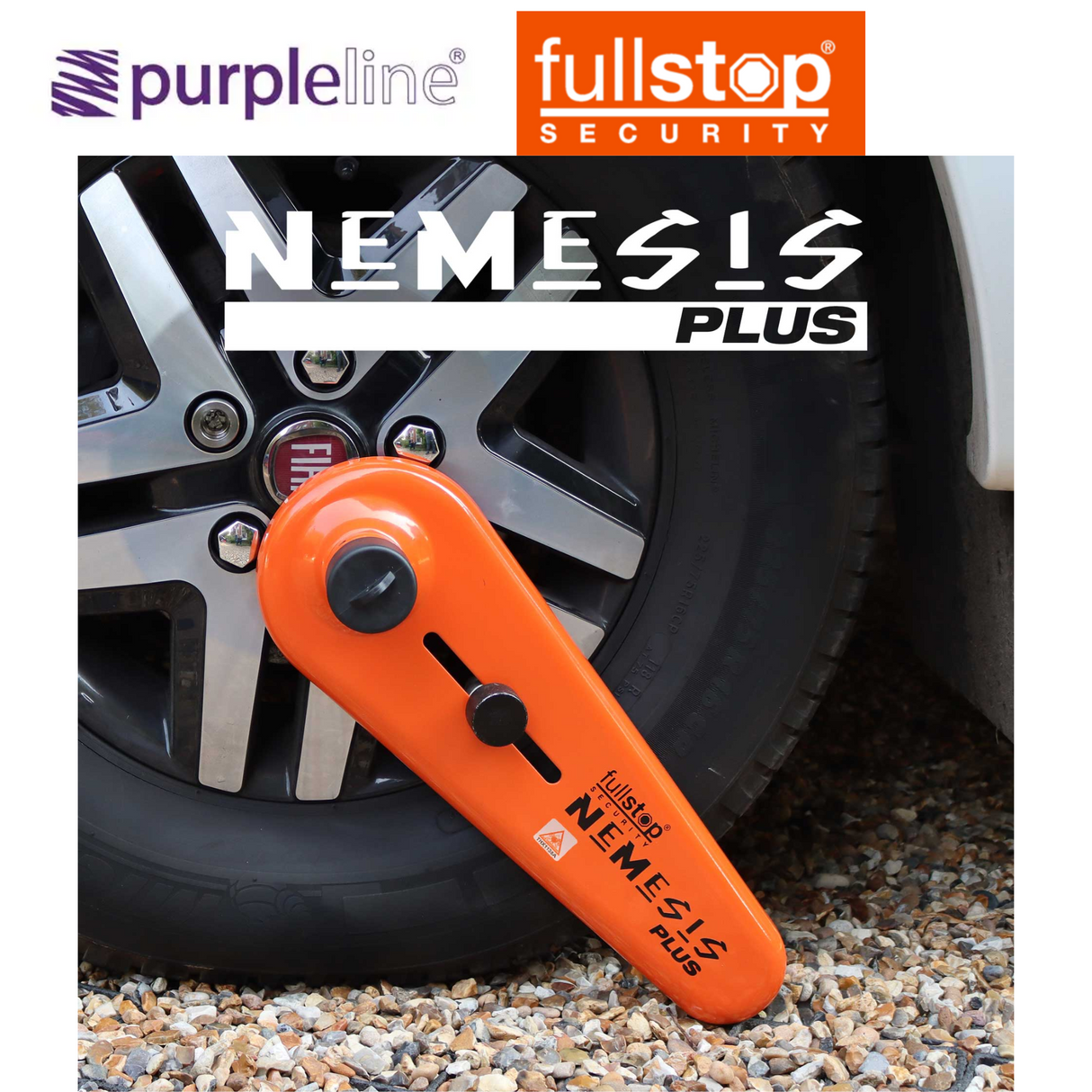 Purpleline Nemesis Plus Wheel Lock in a bright yellow color, featuring a sturdy design for enhanced vehicle security.