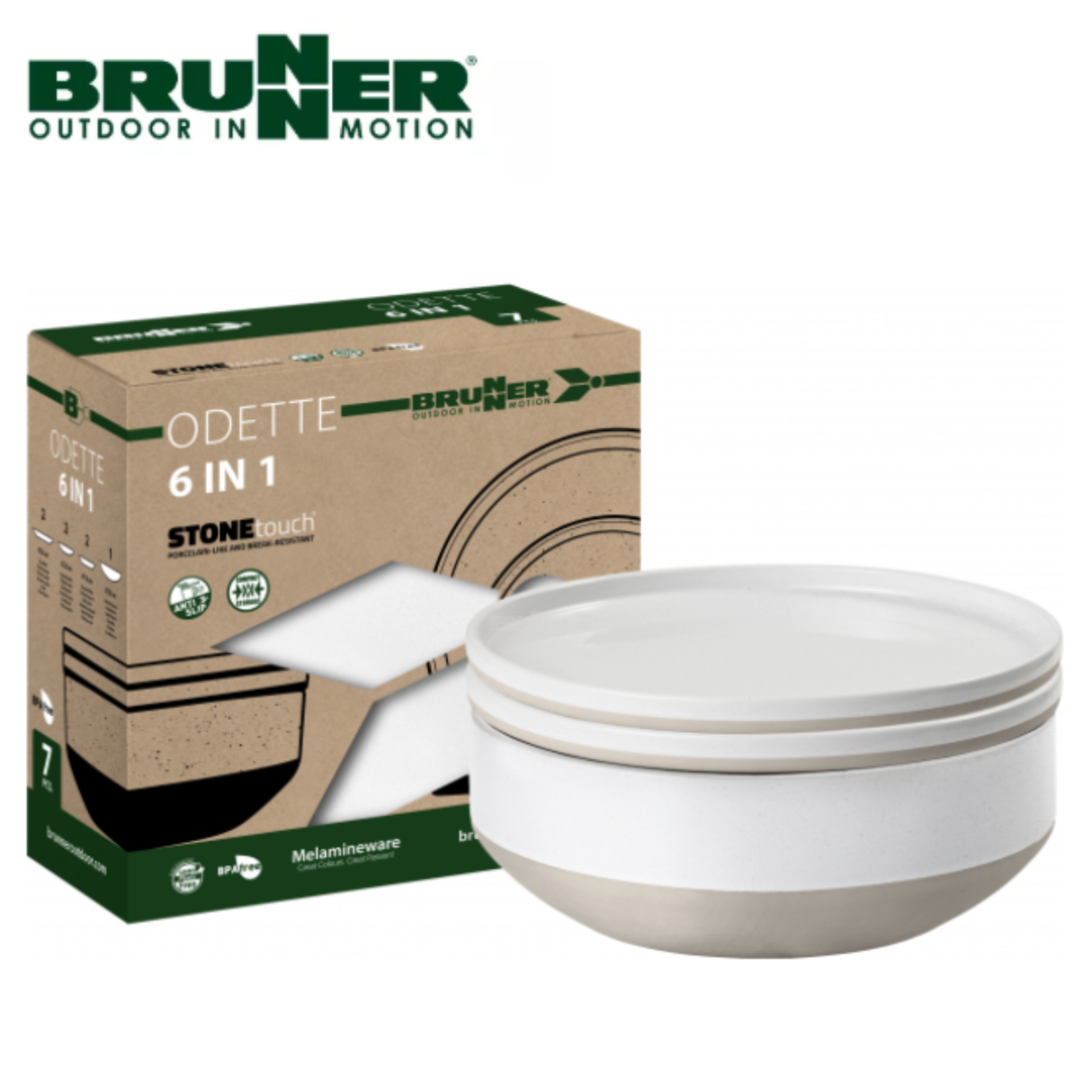Brunner Odette 6-in-1 melamine dinnerware set with colorful plates and bowls, ideal for versatile dining and serving.