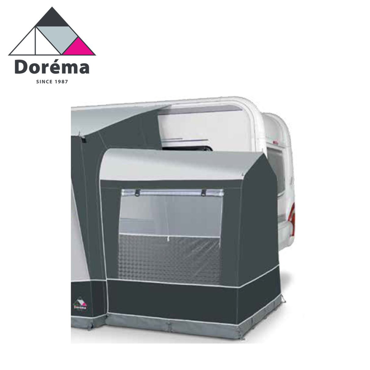 Dorema Omega Deluxe Annexe featuring a spacious design with attached canopy and window panels, ideal for camping.