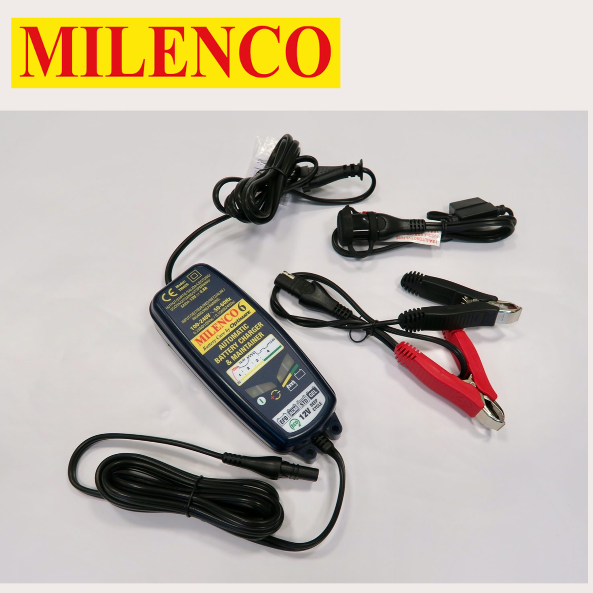 Milenco OptiMate 6 Multi Step Smart Charger with LED indicators and sleek design for efficient battery maintenance.
