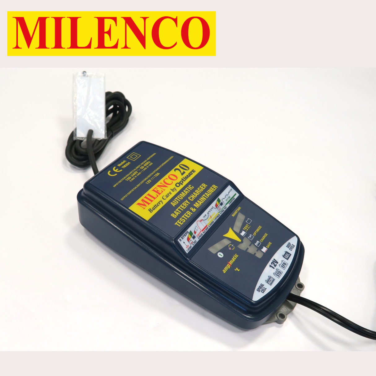 Milenco OptiMate 20 smart charger and maintainer with multiple charging steps and robust design, ideal for vehicle batteries.