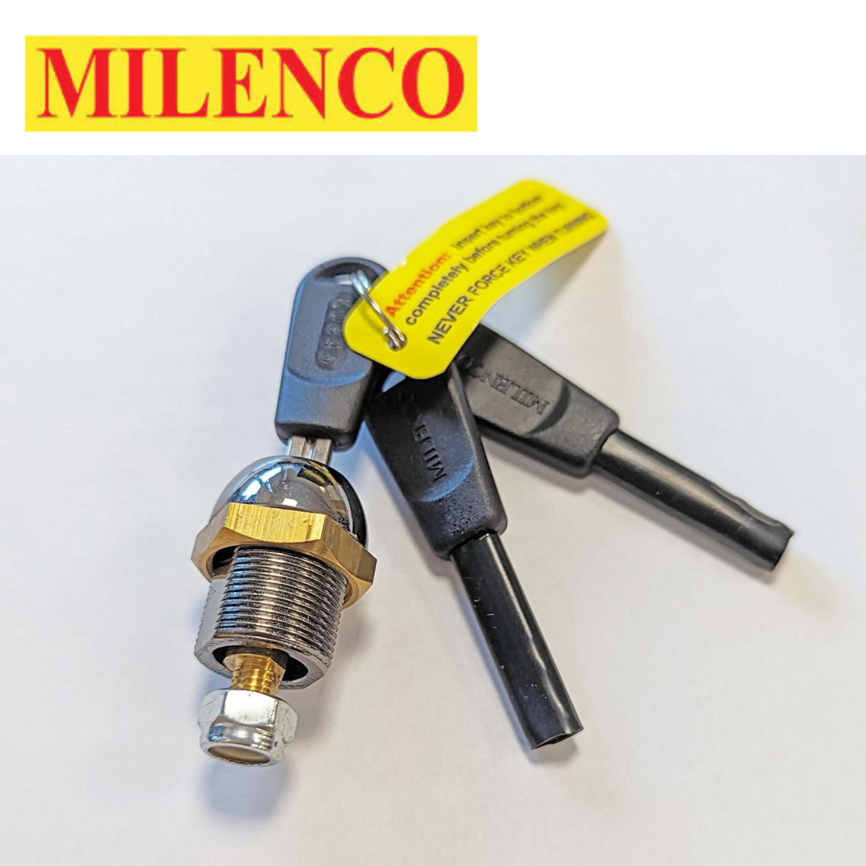 Milenco replacement lock and three keys for Original Wheel Clamp model 0857, shown on a white background.