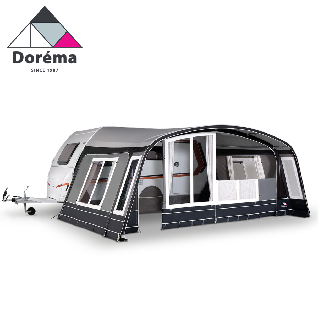 Dorema Onyx 270 seasonal awning with a sturdy 28mm frame, showcasing its spacious design and durable fabric.