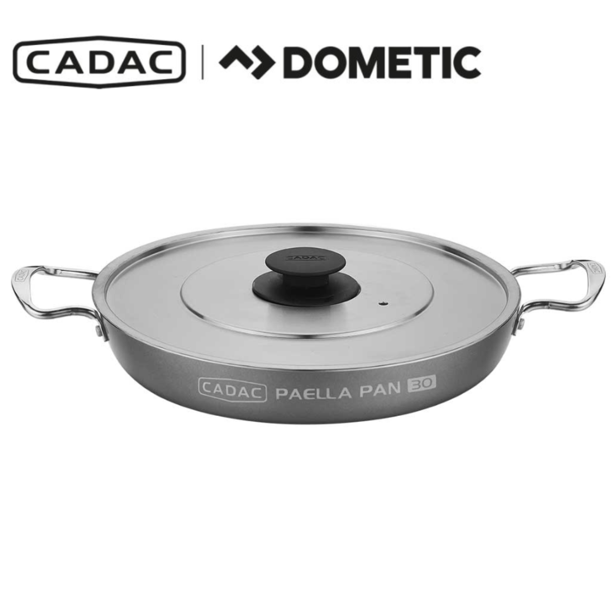 Cadac Dometic paella pan with large round cooking surface, stainless steel finish, and sturdy handles for outdoor grilling.