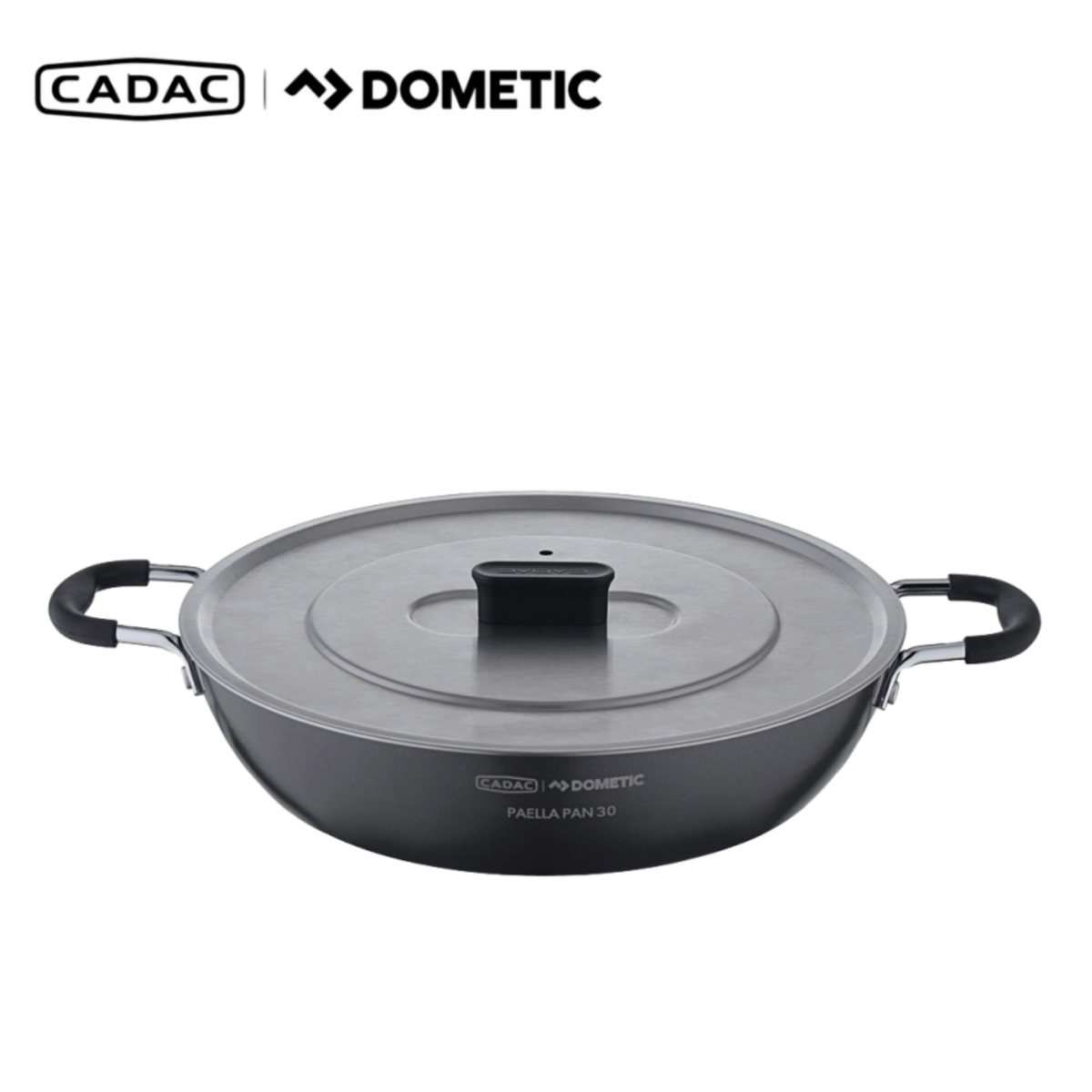 Cadac Dometic paella pan with a wide, shallow metal cooking surface for preparing traditional paella dishes.