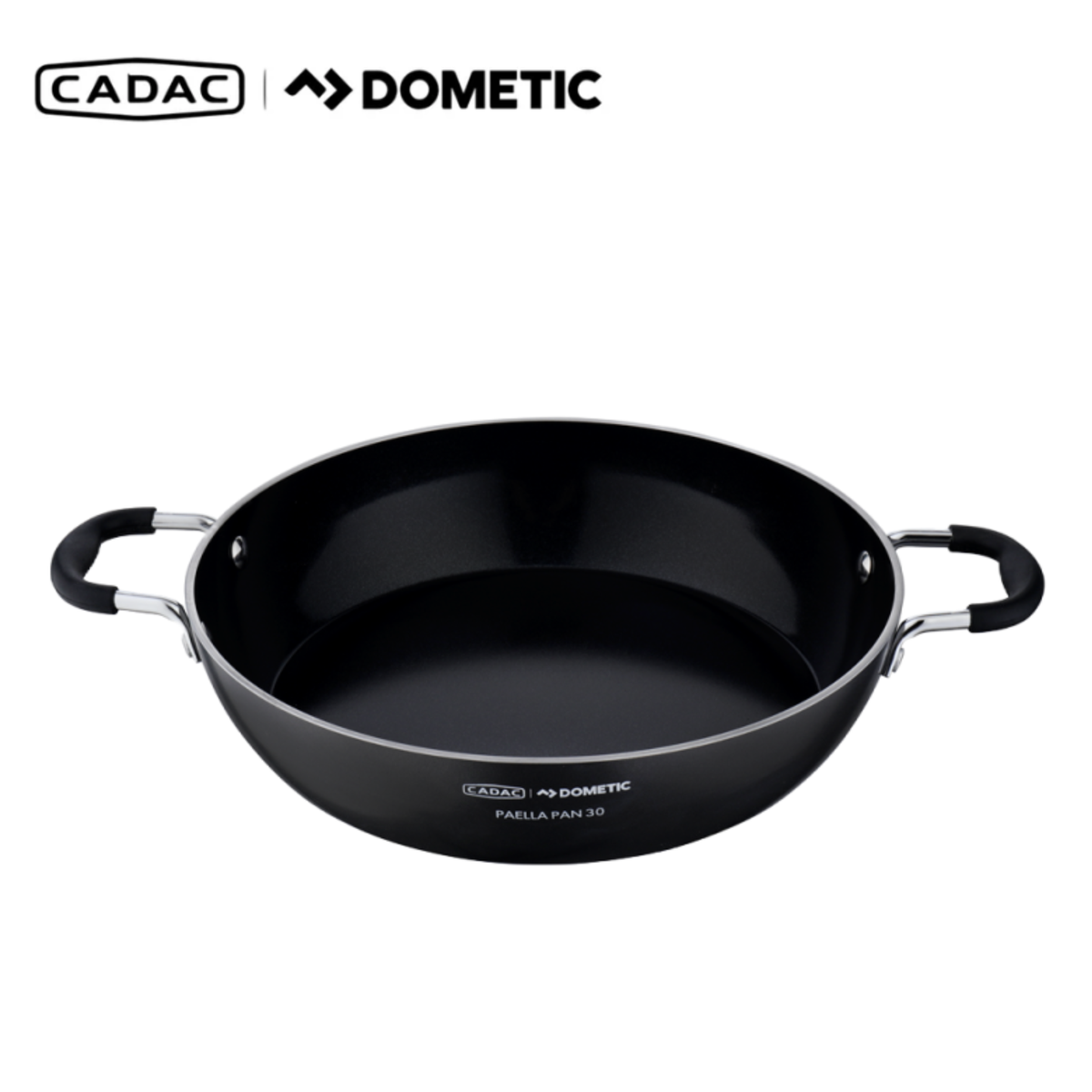 Cadac Dometic Paella Pan 30, large round metal pan with handles, ideal for making paella and outdoor cooking.