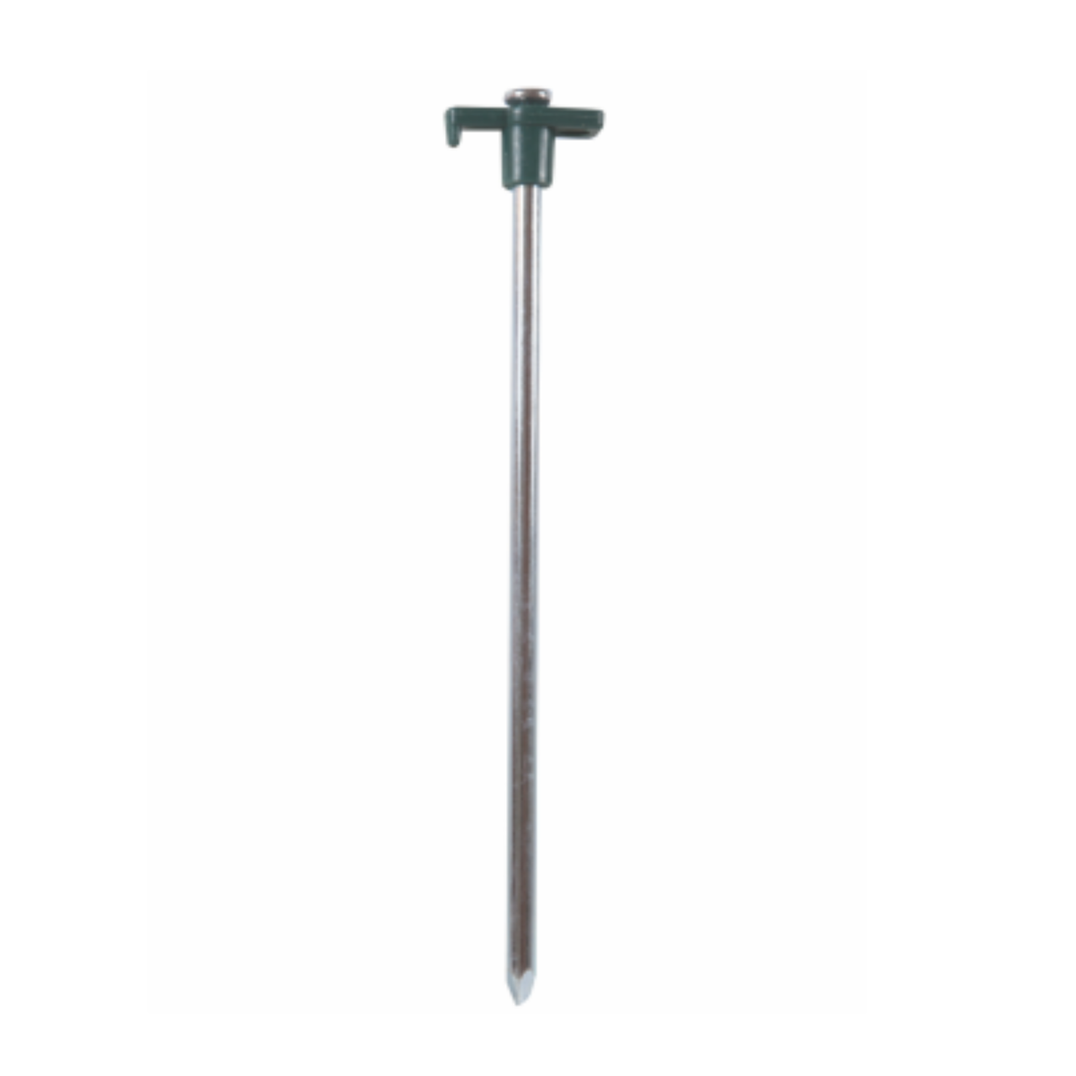 Green plastic hook rock peg, 25cm long, used for securing tents or outdoor gear, manufactured by Pegs.