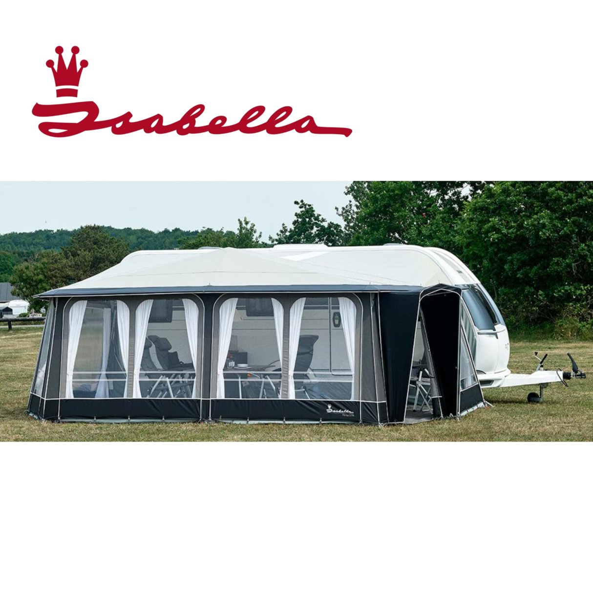 Dometic Isabella Penta Etna MegaFrame seasonal awning displayed in a backyard setting, showcasing its design and functionality.