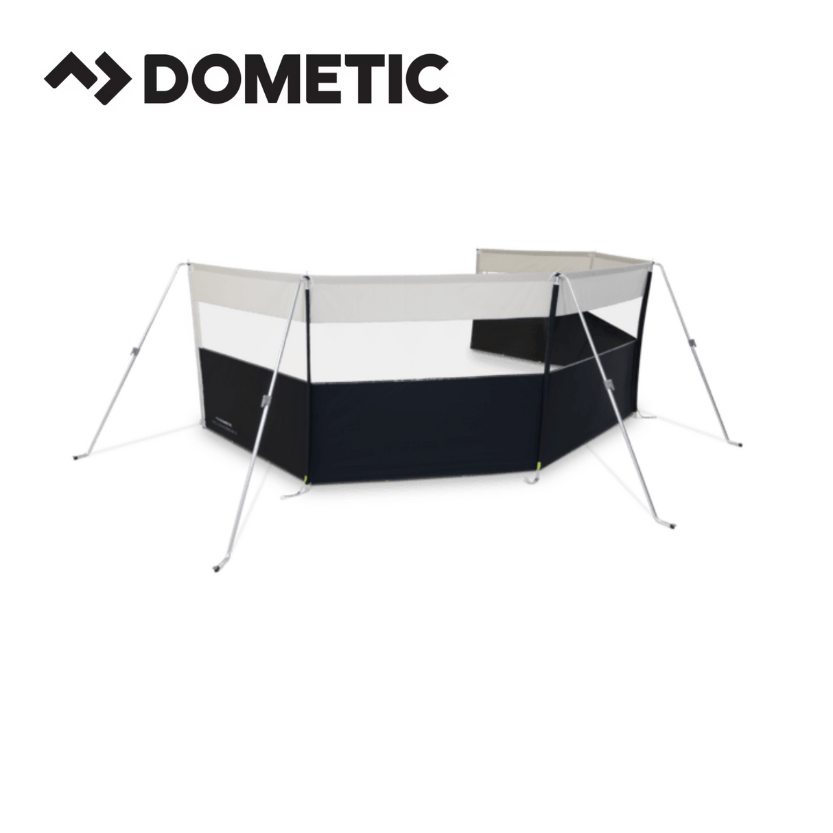 Dometic Pro Poled Windbreak set up outdoors, featuring sturdy poles and fabric for shelter and privacy in camping settings.