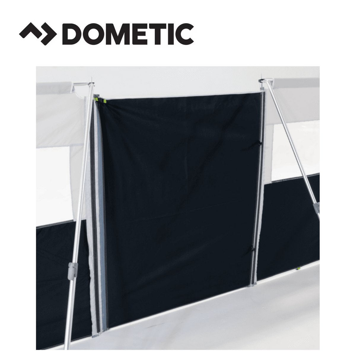 Dometic Pro Poled Windbreak set up outdoors, featuring sturdy poles and fabric panels for protection against wind.