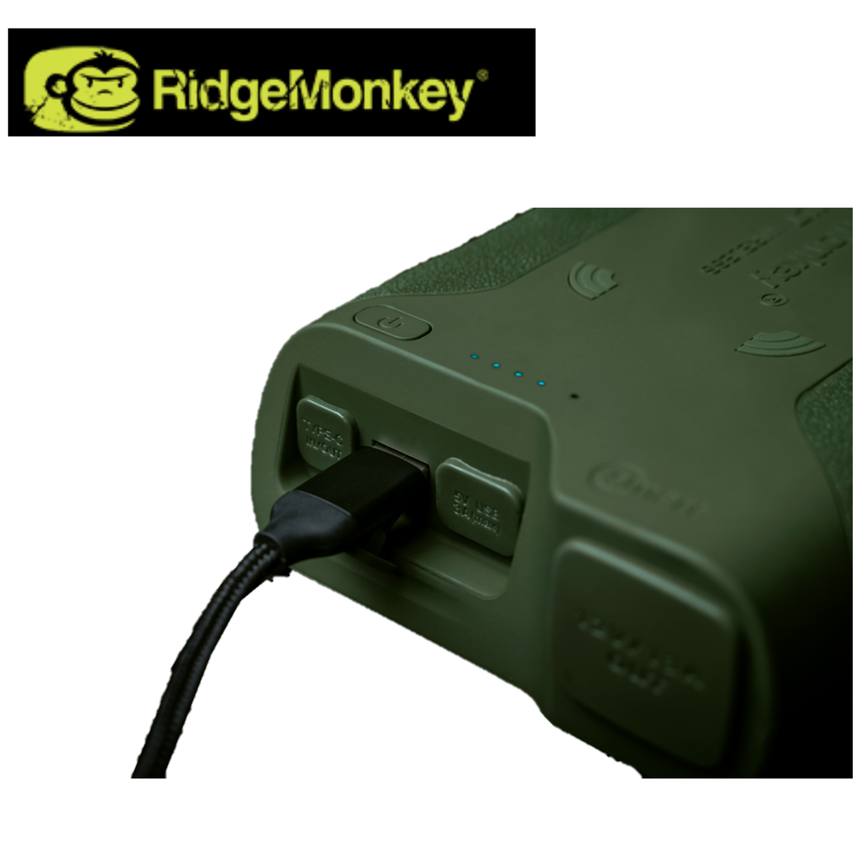 RidgeMonkey Vault C-Smart wireless charger with 42150mAh capacity, showing the sleek black device with charging ports and indicator lights.