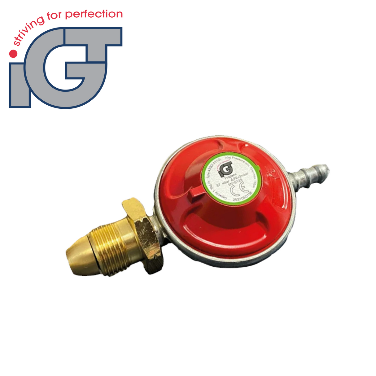 IGT propane 37mbar gas regulator with connection fittings and pressure adjustment knob on a white background.