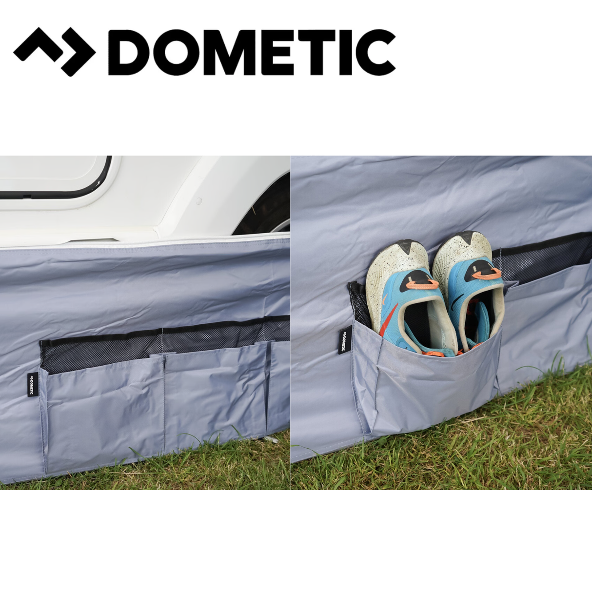 Dometic Pro Organiser Shirt awning skirt attached to a camper or RV, showcasing its durable fabric and secure fit.