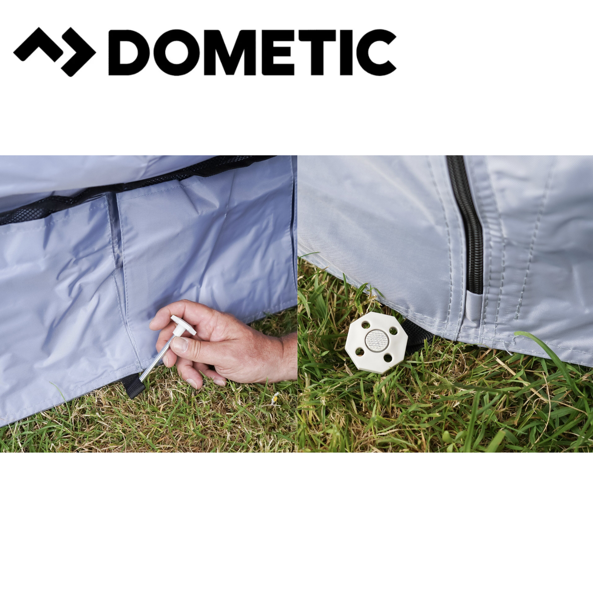 Dometic Pro Organiser Shirt awning skirt hanging outdoors, showing fabric and attachment details in a natural setting.