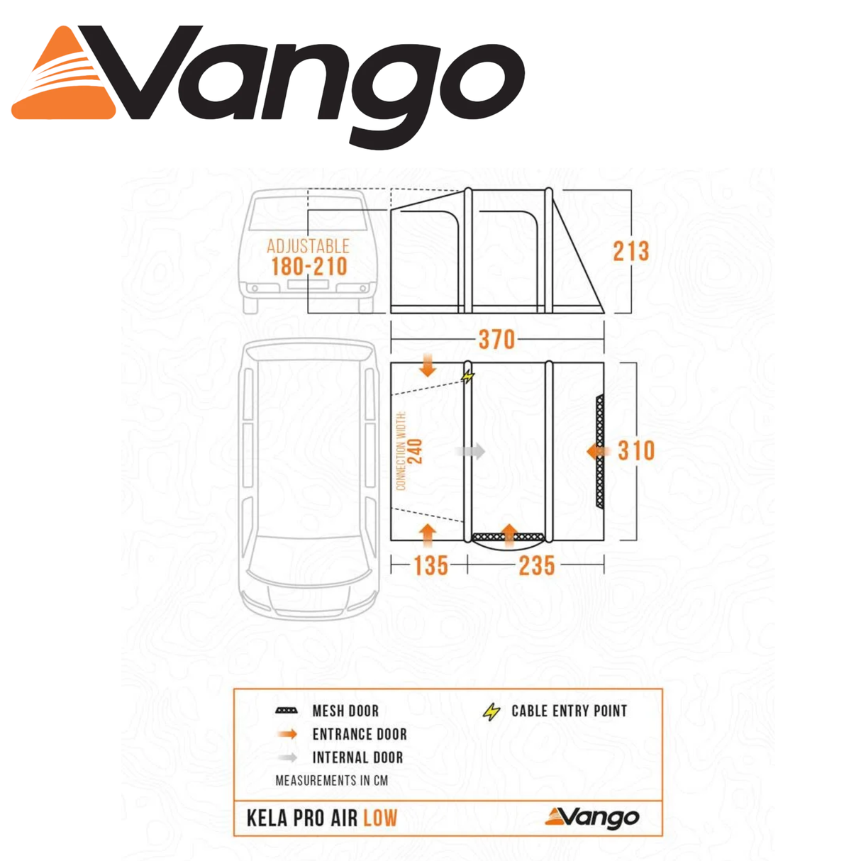 Vango Kela Pro Air Low Driveaway Awning with spacious design and air beams set up beside a campervan in a scenic outdoor setting.