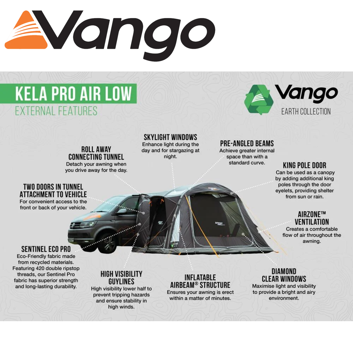 Vango Kela Pro Air Low Driveaway Awning with spacious interior and inflatable structure, set up beside a campervan.
