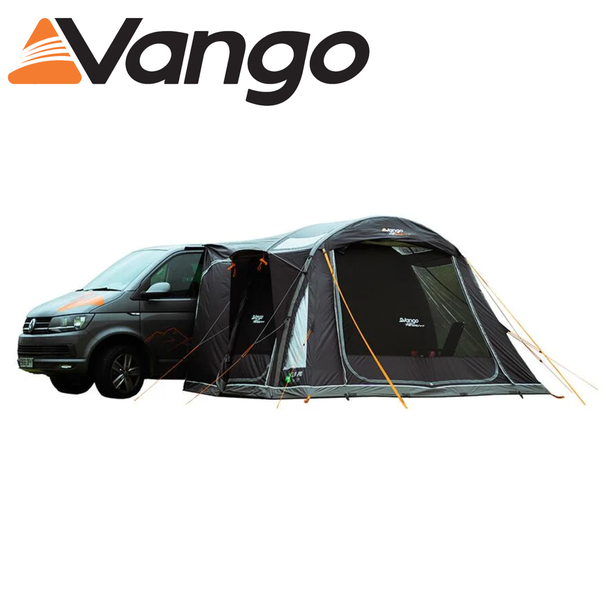 Vango Kela Pro Air Low Driveaway Awning set up beside a camper van, showcasing its spacious design and durable material.